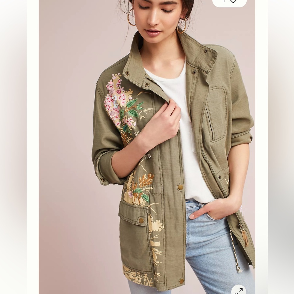 Anthropologie Floral Embellished Anorak Utility JacketSZ XS C2